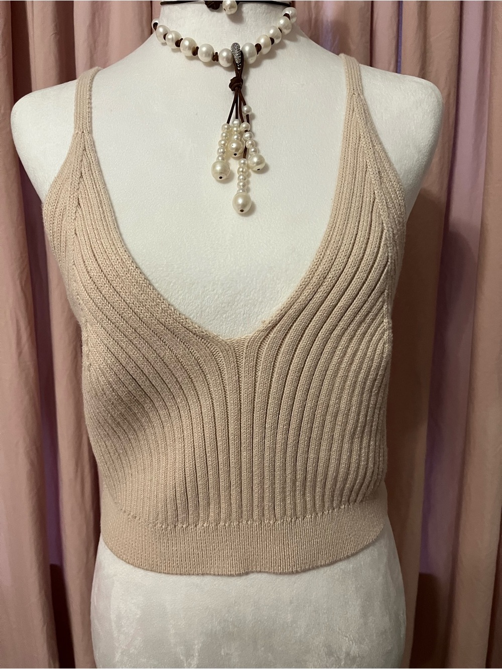 Beige Ribbed Knit Crop Tank Top